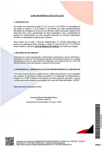 AVISO DE DISPENSA DE LICITAÇÃO